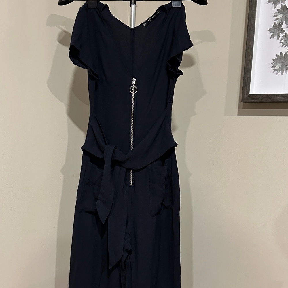 *ZARA* Black Off-Shoulder Short Sleeve Zipper Tie Waist Jumpsuit Size Small